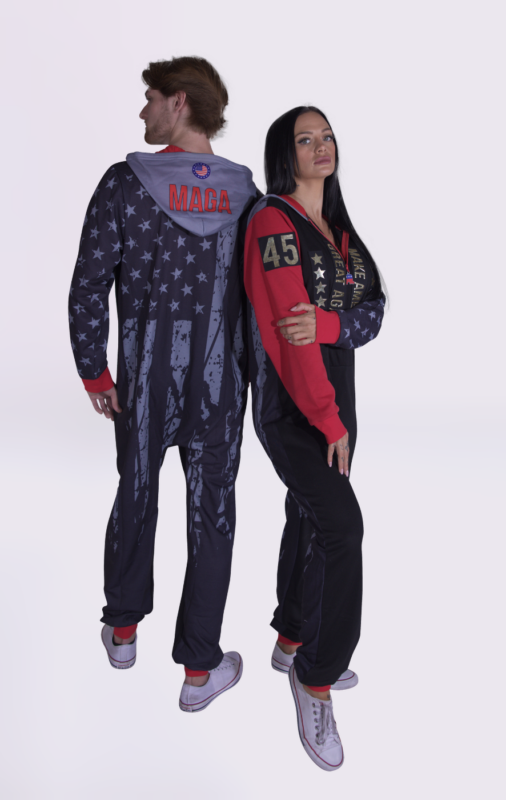 Models wearing Trump Jumpin Jammerz Adult Footed Onesie Pajamas